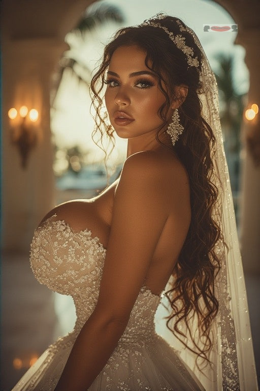 Seductive American bride wearing a strapless lace wedding dress and veil in an opulent Miami mansion.